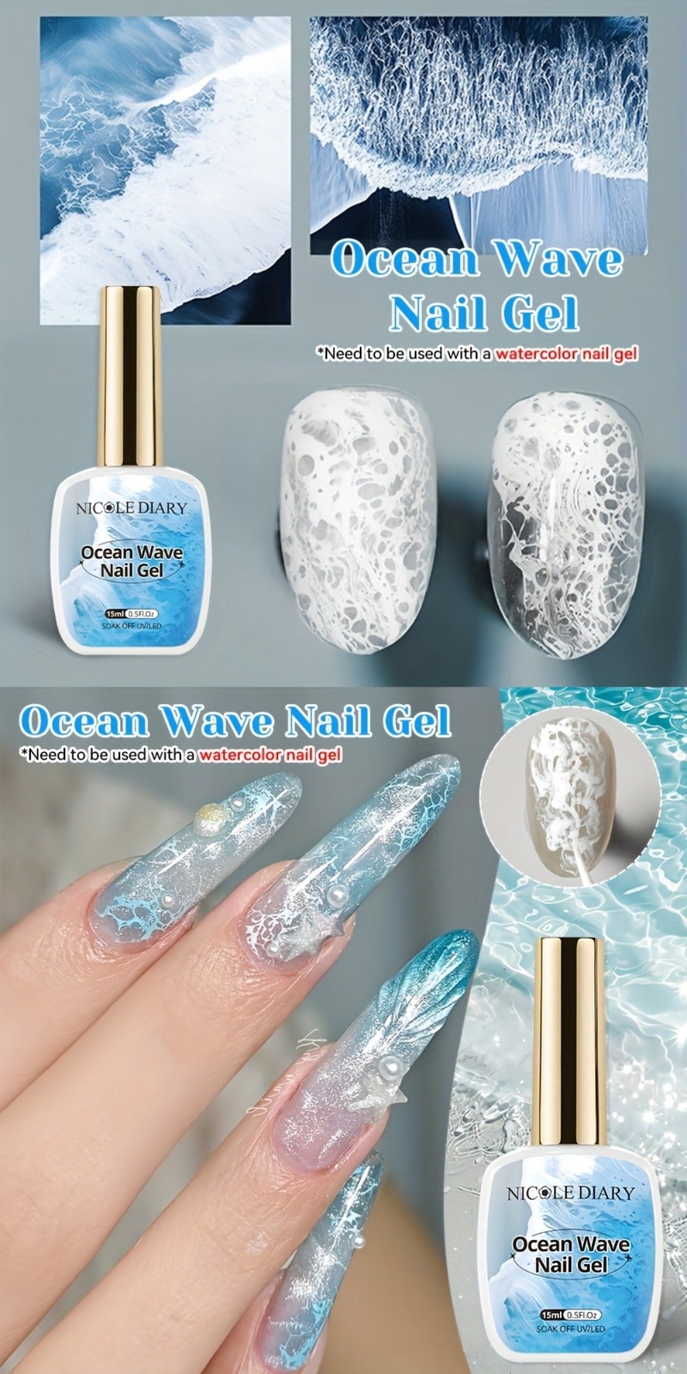 NICOLE DIARY 0.51oz Blue Sea Wave Bubble Gel Nail Polish - Marble Watercolor Ink Nail Art, at Home, Long-Lasting Glossy End, No Resin Remover Needed