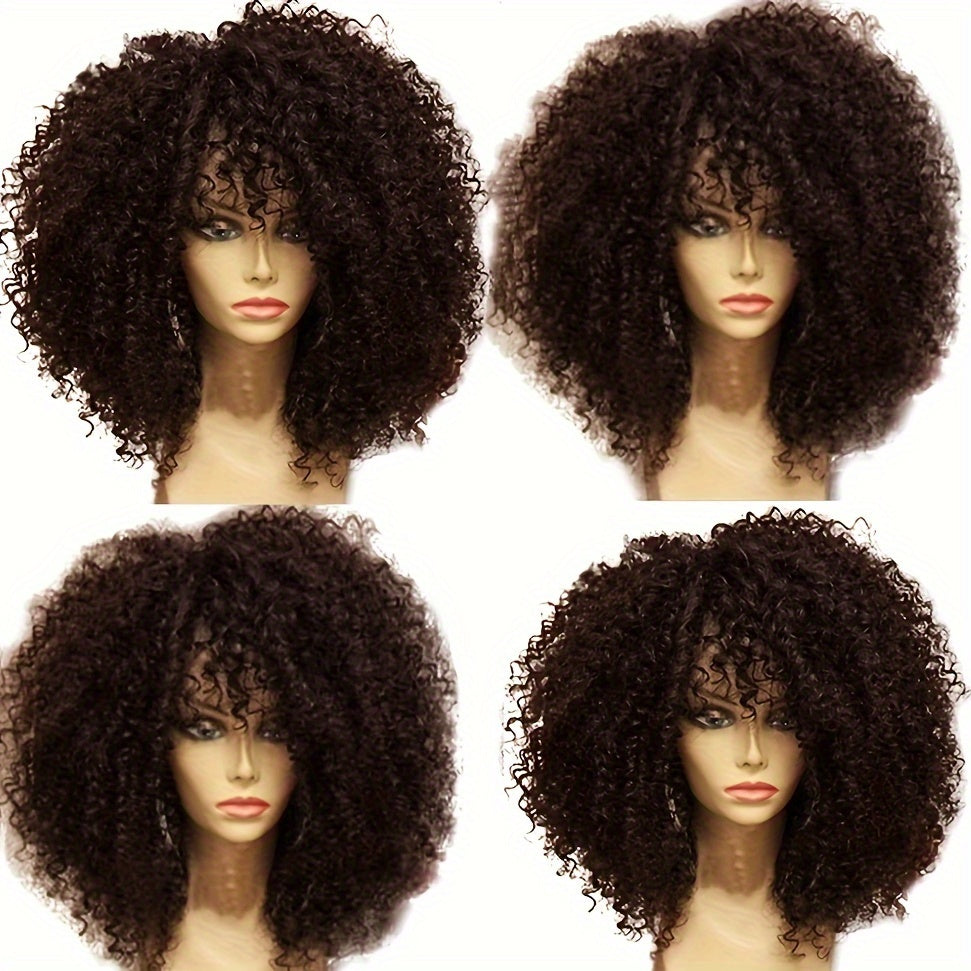 Elegant Afro Kinky Curly Wig with Bangs for Women - 14" Short, Heat Resistant Synthetic Hair for Daily Wear & Cosplay,, Halloween Party, Christmas