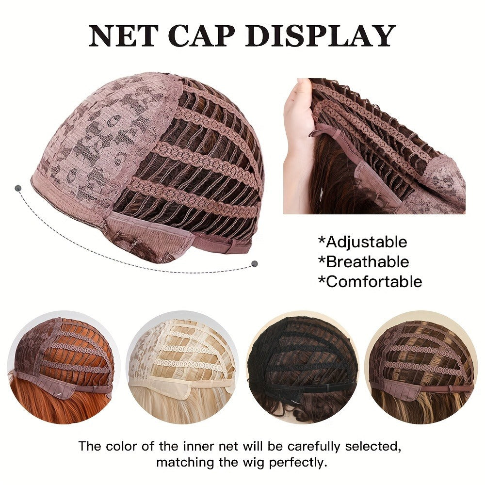 Synthetic Wig Hat with Layered Bangs – Rose Net Cap Matte Finish Heat Resistant Fiber Wig for Women, Natural Looking Dark Brown Long Hair, Comfortable Everyday Style, 18 Inch