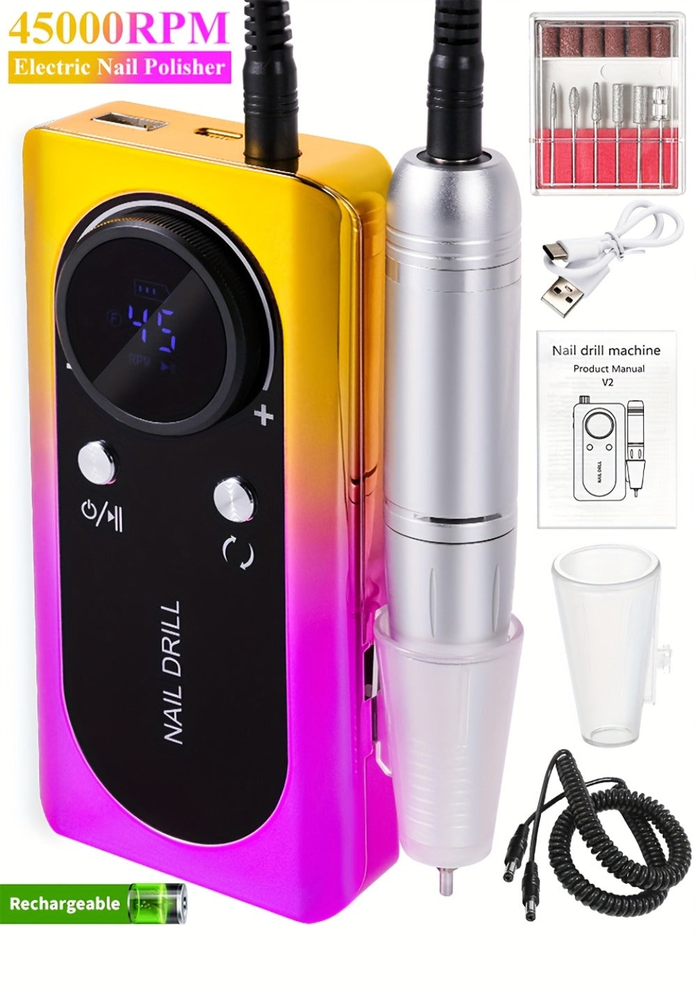 45000RPM Portable Electric Nail Drill Machine with LCD Display Nails Sander for Acrylic Gel Polish Rechargeable Nail Tool