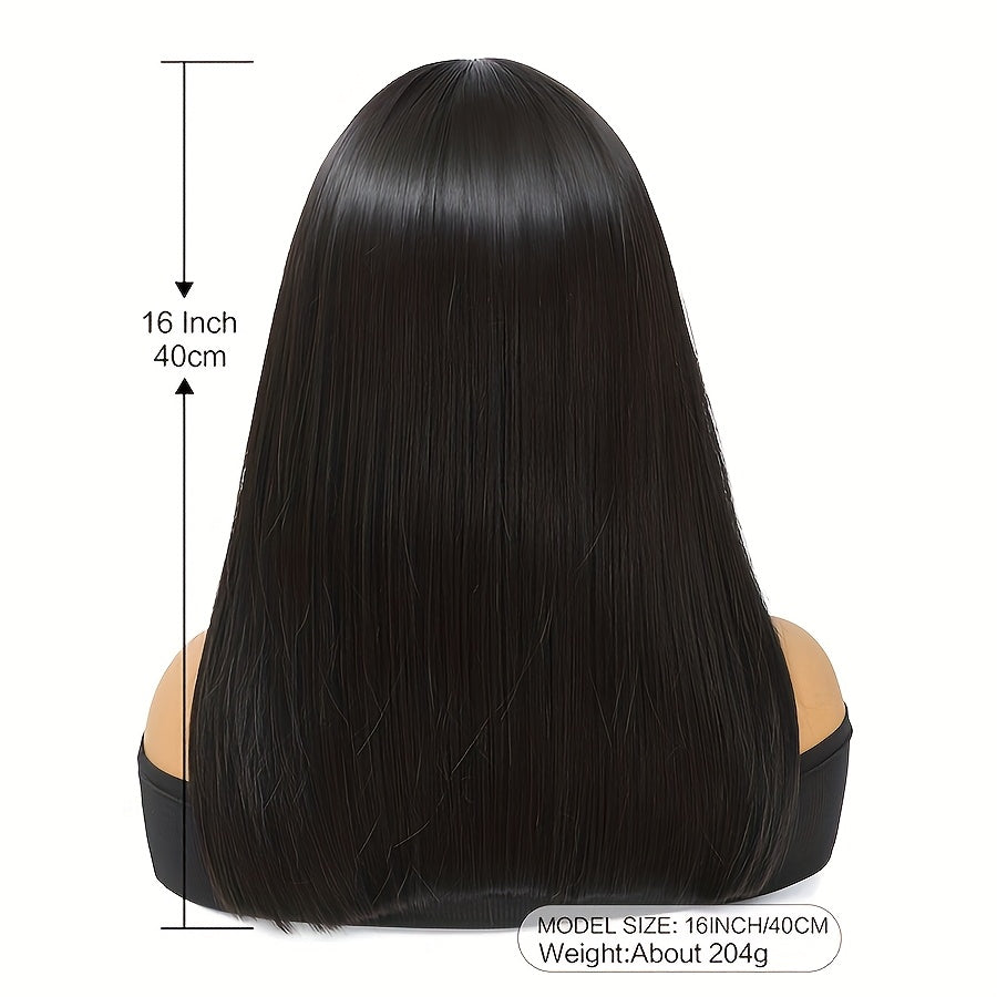 16" Blunt Cut Straight Bob Wig with Bangs - Heat Resistant Synthetic Hair, 180% Density Rose Net Cap, Silky Straight Black Wig for Women & Men, Business, Party & Daily Wear