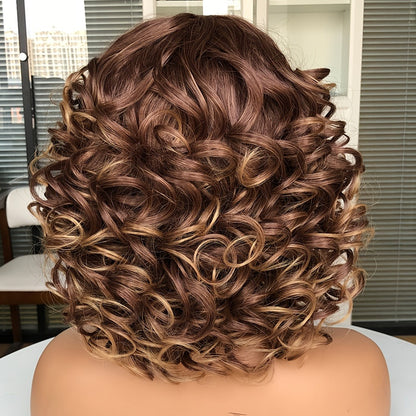 Short Curly Wig with Bangs Jerry Curl Synthetic Lace Front Wig 14 Inch Heat Resistant 13x1 Lace Wig for Women Daily Wear Cosplay Dark Brown Copper Red Dark Wine