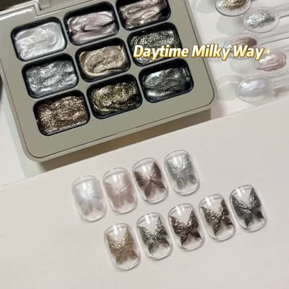 Fairy Powder Nail Art Gel Set 9 Colors - Nine-Grid Special Effect Milky Way Galaxy Gel Polish Alcohol Free UV LED Soak Off - Long Lasting Glitter Nail Gel for Salon & Home DIY Women