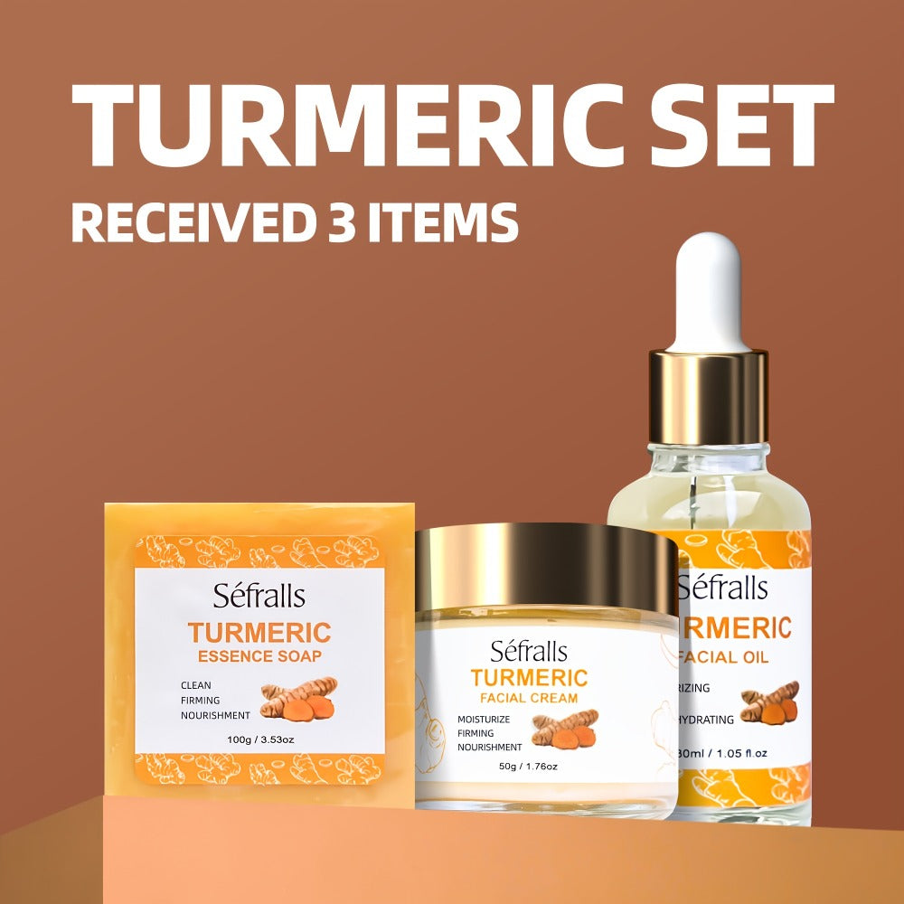 Sefralls Turmeric 3pcs/Set, Includes Turmeric Facial Cream, Turmeric Essential Soap, Turmeric Facial Essential Oil, Deeply Cleans Facial Pores, Moisturizes The Skin, Gently Balances Oil, Rich In Turmeric Extract, The Best Gift - Essential for Travel