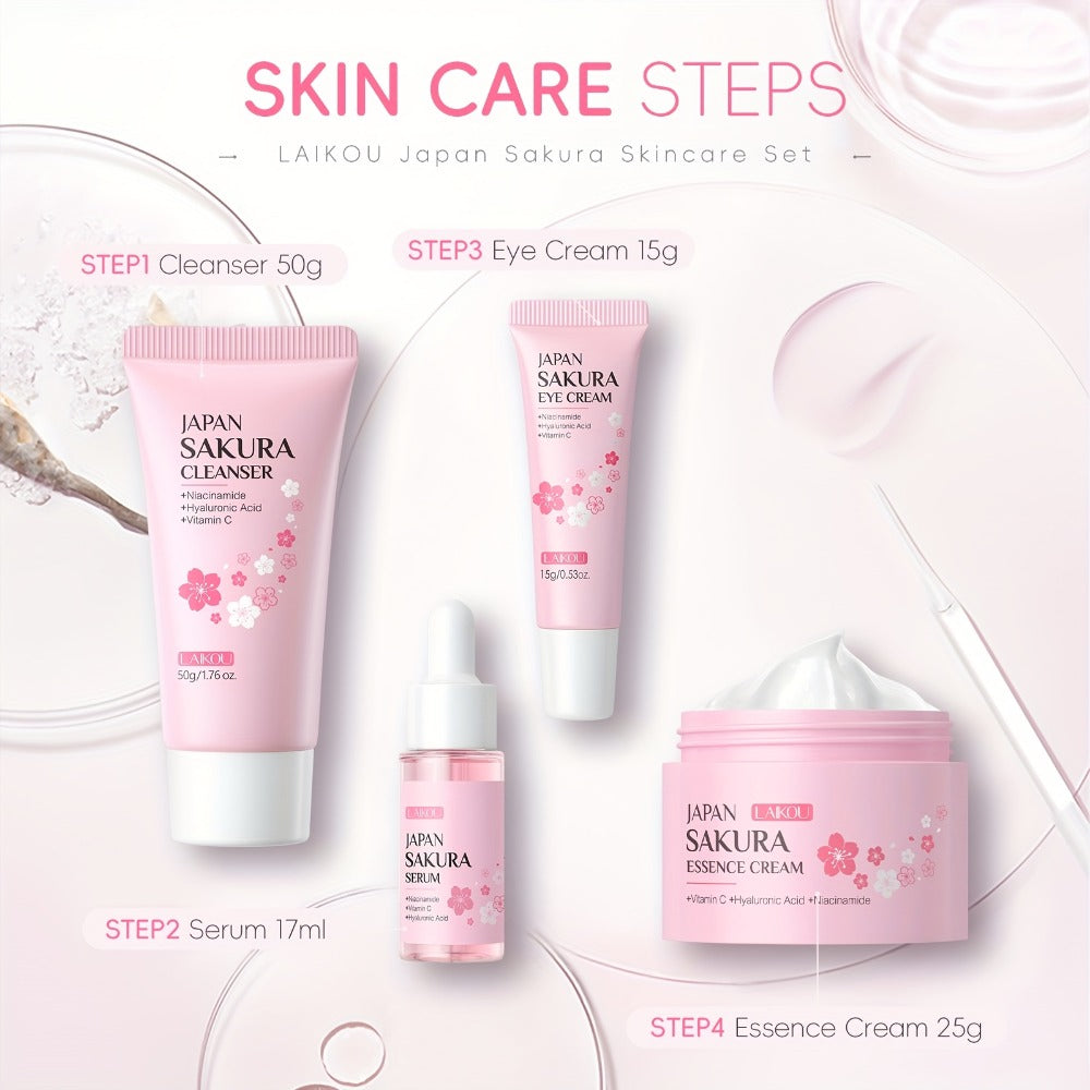 LAIKOU Sakura Gift Box 4pcs Skincare Set, Serum 0.59Fl.Oz, Skin Moisturizer 0.88Oz, Eye Cream 0.53Oz, Soft Foam Facial Wash 1.76Oz, Mother'S Day Gift Set, for Uneven Complexion