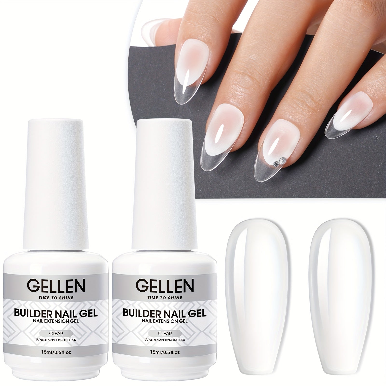 Gellen Builder for Nail Gel, 7-In-1 Clear Gel Builder for Nail Thickening 2pcs, LED for Nail Lamp Cured Hard Gel for Nail Strengthener Extension Gel Base Rhinestone for Nail Glue Gel Soak Off Gel Builder Base for Nail Art, 15Ml 0.51Fl Oz
