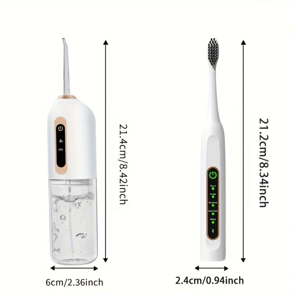Advanced electric teeth cleaning tool set, including advanced wireless flosser, advanced electric toothbrush, 3 mode control, and can be charged via USB. Equipped with 4 compatible nozzles and 4 brush heads, the flosser head can rotate 360 degrees