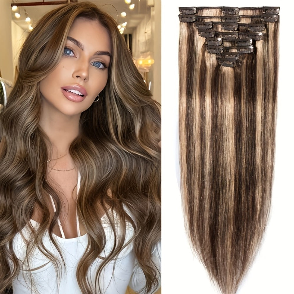 Clip In Human Hair Extensions Straight Remy Hair – 8 Piece Full Head Set with Highlighted Blonde Colors, Natural Seamless Look for Women, 8–24 Inch