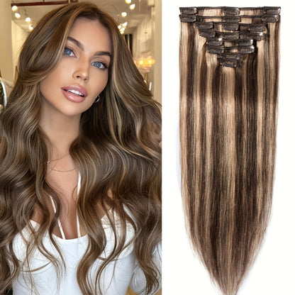 Clip In Human Hair Extensions Straight Remy Hair – 8 Piece Full Head Set with Highlighted Blonde Colors, Natural Seamless Look for Women, 8–24 Inch