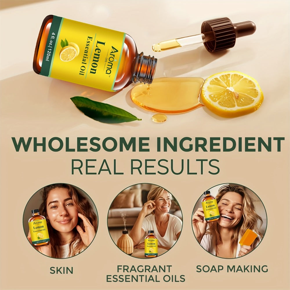 4.06oz Lemon Essential Oils, Natural Plant Peppermint Frankincense Essential Oils For Hair And Skin, Massage, Humidifiers, Home Diffusers, Soaps, Scented Candle Making - Local Warehouse- Mother'S Day Gift