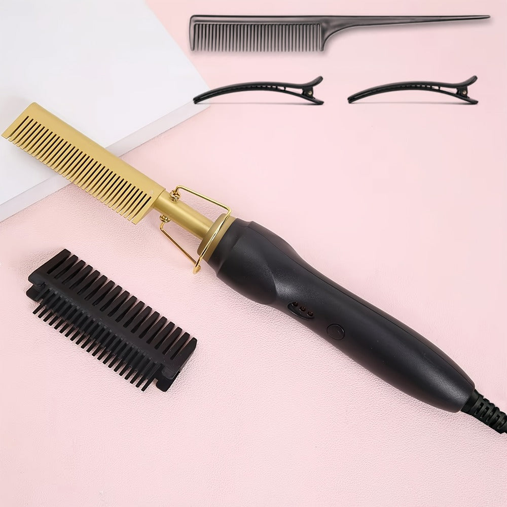 Hot Comb Hair Straightener, 2in 1 Ceramic Comb Safe Portable Curling Iron Heated Brush, Fake Electricity Heated Comb, Beard, Portable Anti-burn Curling Ceramic Straightening Pressing Comb, Suitable for Home and Travel, Holiday Gift