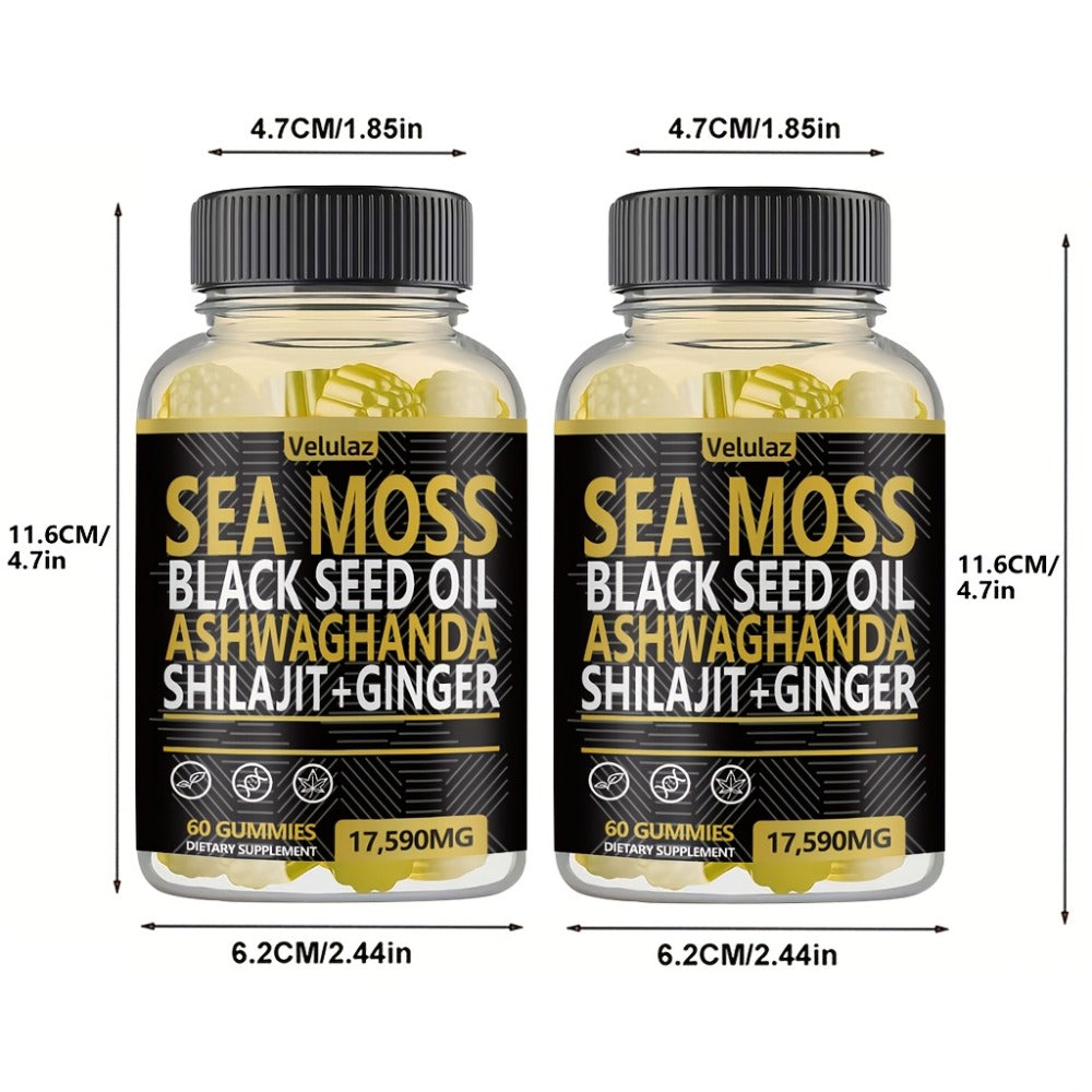 Sea Moss Gummies 10-in-1 Superfood Blend 60 Count - Black Seed Oil Ashwagandha Shilajit Elderberry Turmeric Bladderwrack Ginger Chlorophyll 17590mg - Daily Wellness Supplement