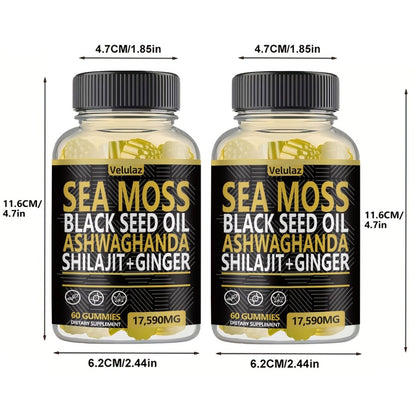 Sea Moss Gummies 10-in-1 Superfood Blend 60 Count - Black Seed Oil Ashwagandha Shilajit Elderberry Turmeric Bladderwrack Ginger Chlorophyll 17590mg - Daily Wellness Supplement