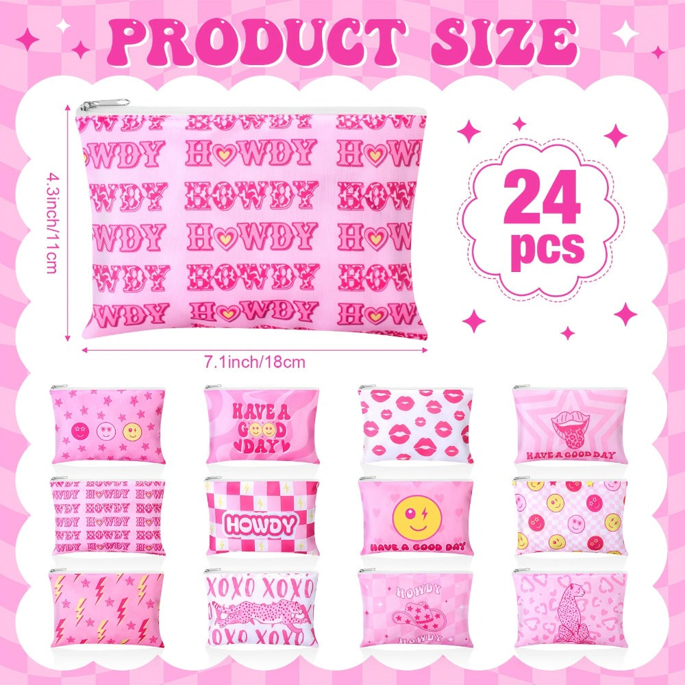 24pcs Cosmetic Bags Pink Makeup Pouches Bulk Cute Cosmetic Pouch With Zipper Women'S Gift Travel Toiletry Organizer Bags Howdy Birthday Gifts For Party Supplies