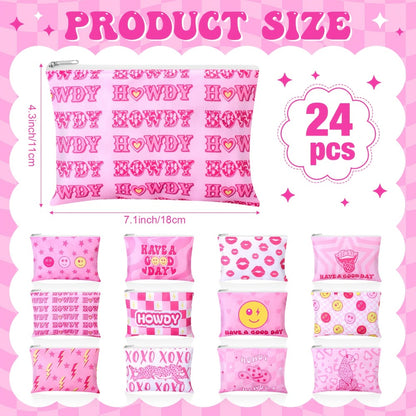 Cosmetic Bags Bulk 24-Pack Pink Cute Makeup Pouches with Zipper Travel Toiletry Organizer Bag Women Girls Party Favor Birthday Gift Howdy Western Theme