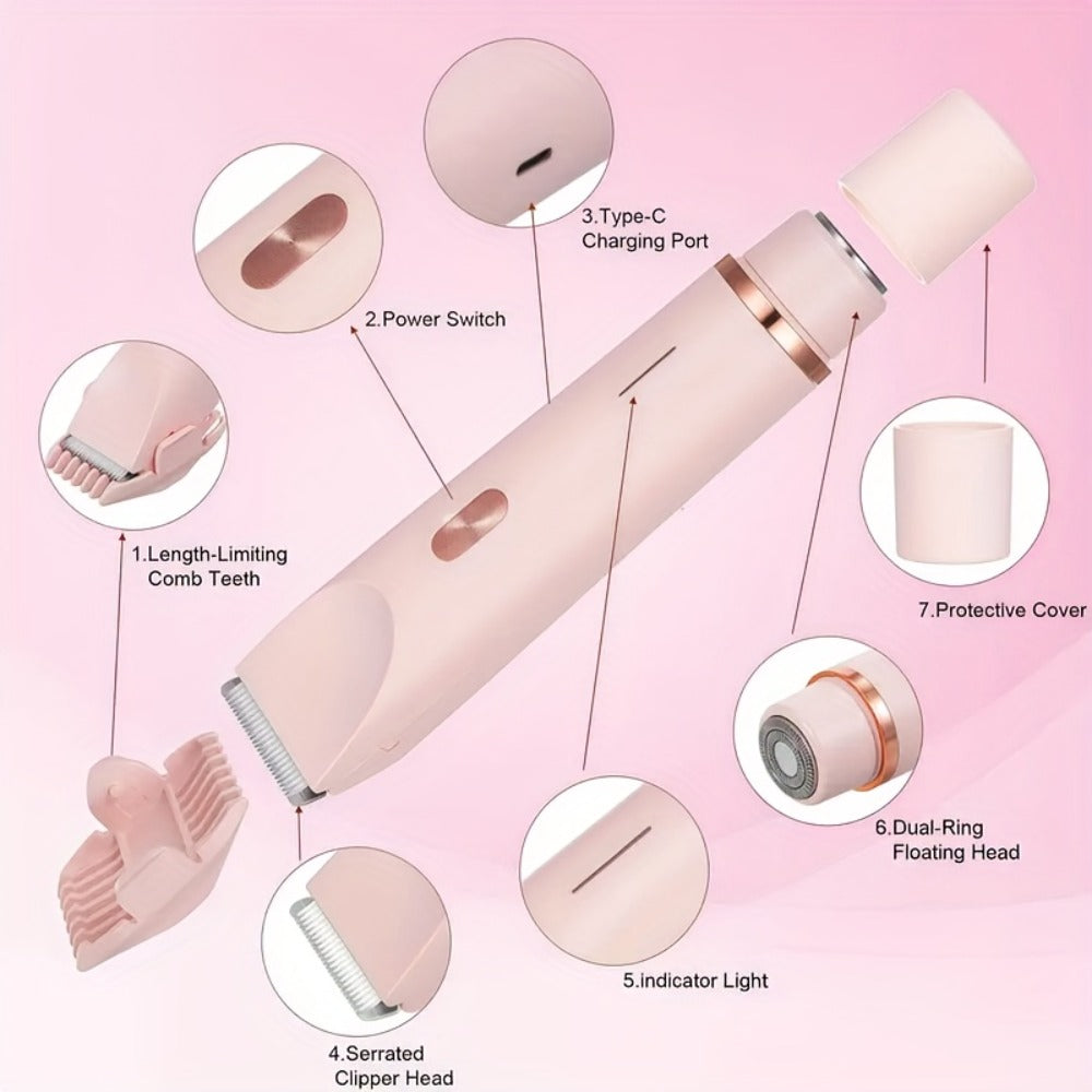 2-In-1 Electric Hair Removal Device for Home Use, Rechargeable Lithium Dual-Head Electric Hair Trimmer for Women | 1pc | Rechargeable Lithium Battery | USB Charging, Multipurpose Bikini Razor And Face Shaver | Body, Arms, Thighs, Electric Shaver