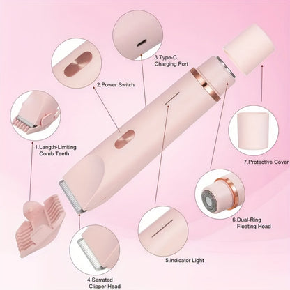 Electric Hair Trimmer 2-in-1 Rechargeable for Women - Dual Head Bikini Razor Face Shaver Body Arms Thighs USB Charging Stainless Steel Blade Cordless Hair Remover