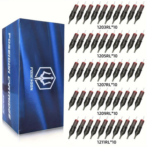 Tattoo Cartridge Needles 50pcs Assorted Mixed Size Round Liner Long Taper Disposable Membrane Stainless Steel 3RL 5RL 7RL 9RL 11RL for Tattoo & Permanent Makeup