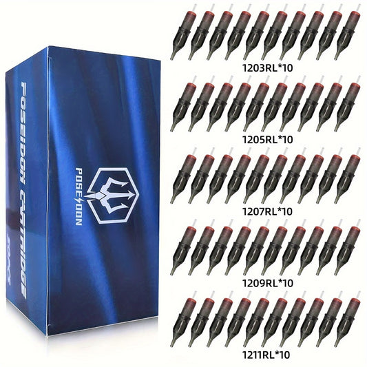 Tattoo Cartridge Needles 50pcs Assorted Mixed Size Round Liner Long Taper Disposable Membrane Stainless Steel 3RL 5RL 7RL 9RL 11RL for Tattoo & Permanent Makeup
