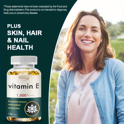 Vitamin E 1000IU Supplement – Antioxidant Support for Immune Health, Hair, Skin, Nails & Eye Health | Gluten-Free Softgels 120 Capsules for Men and Women