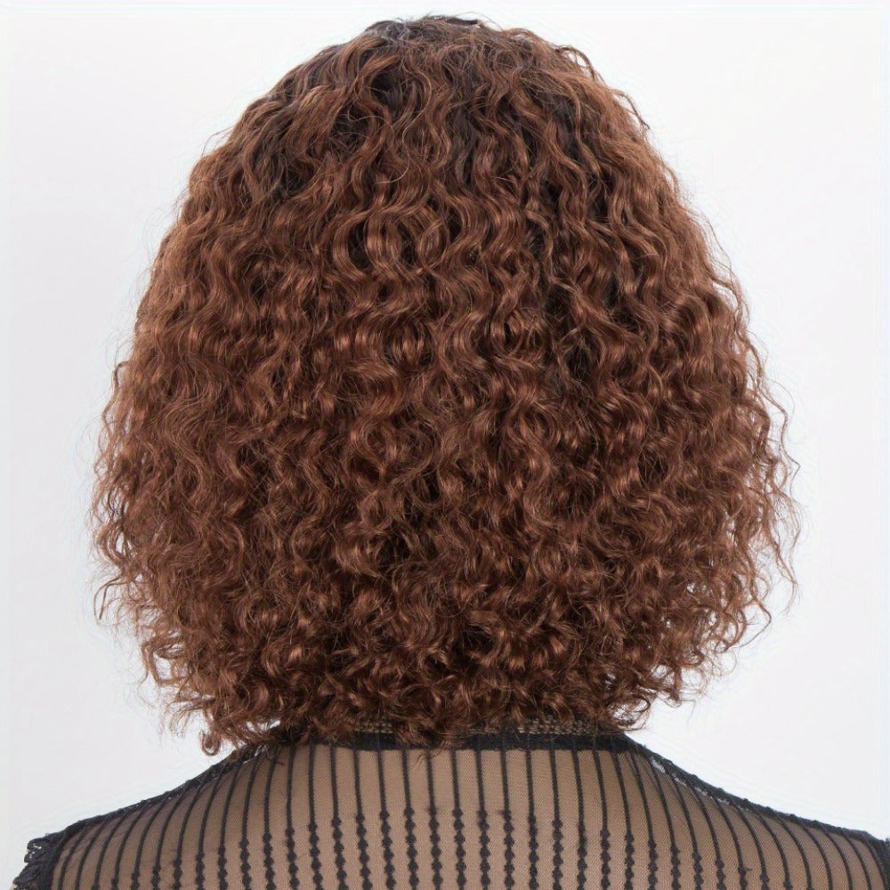 Human Hair Bob Wig Curly Water Wave Glueless Short Wig with Bangs 150% Density Ombre Brown Auburn 12 Inch Beginner Friendly Natural Hairline Daily Wear