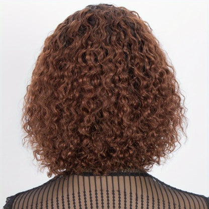 Human Hair Bob Wig Curly Water Wave Glueless Short Wig with Bangs 150% Density Ombre Brown Auburn 12 Inch Beginner Friendly Natural Hairline Daily Wear