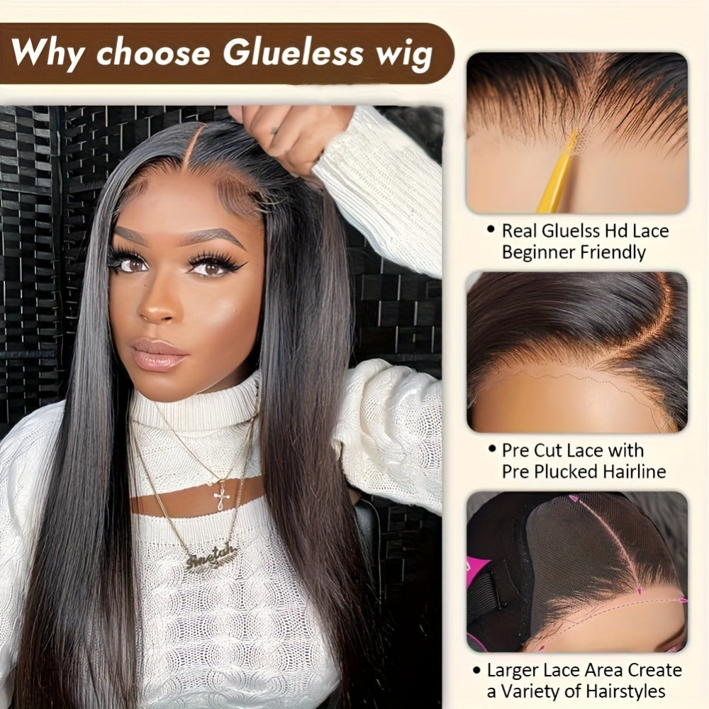 Straight Human Hair Wig 5x5 HD Lace Closure Glueless Wig Pre Bleached Knots Pre Plucked Baby Hair Wear and Go Natural Black 16-34 Inch Elegant Natural Look