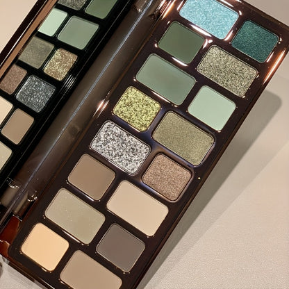 Eyeshadow Palette 16 Colors - Smoky Retro Matte Glitter Pearlescent Shades, Gray Green Earthy Tones with Highlight Blush, Compact Travel