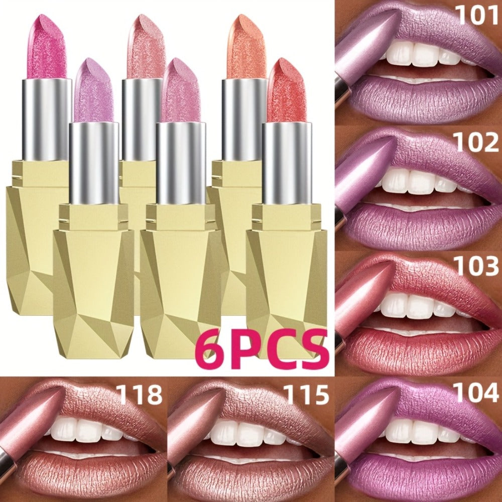 Lipstick Set 6Pcs Shimmer Lip Gloss Waterproof Long Lasting Lip Color Coral Pink Red Purple Makeup Kit for Women Travel Friendly All Day Wear