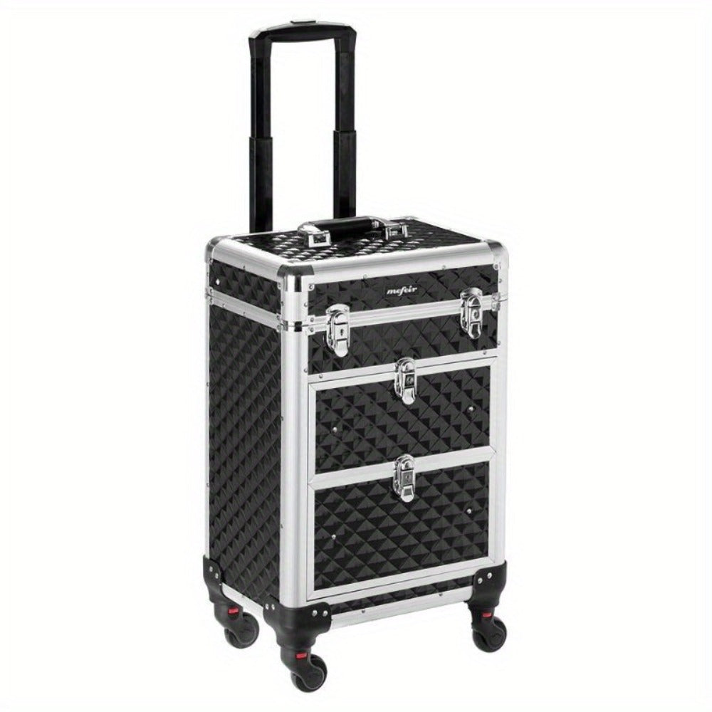 Rolling Makeup Train Case Aluminum Lockable Trolley with 4 Wheels 2 Sliding Drawers Telescopic Rod Portable Cosmetic Organizer Suitcase for Makeup Artists Salon Travel Beauty Storage Black
