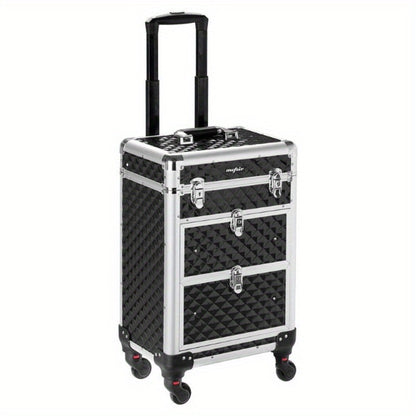 Rolling Makeup Train Case Aluminum Lockable Trolley with 4 Wheels 2 Sliding Drawers Telescopic Rod Portable Cosmetic Organizer Suitcase for Makeup Artists Salon Travel Beauty Storage Black