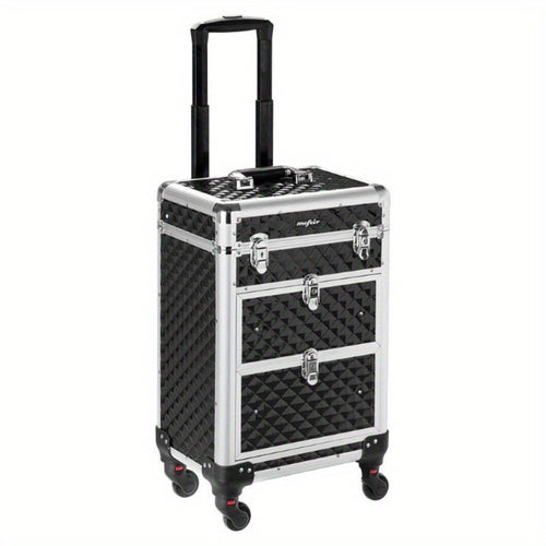 Rolling Makeup Train Case Aluminum Lockable Trolley with 4 Wheels 2 Sliding Drawers Telescopic Rod Portable Cosmetic Organizer Suitcase for Makeup Artists Salon Travel Beauty Storage Black
