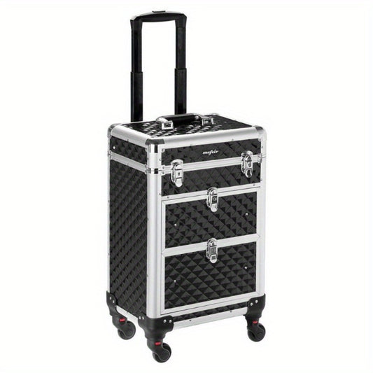 OmySalon Aluminum Rolling Makeup Train Case, Portable Makeup Organizer Suitcase, Cosmetic Storage Box, Travel Beauty Luggage Trolley Lockable W/4 Removable Wheels & 2 Sliding Drawers, Valentines Day Gift for Her (Black), Valentine's Day And Other Festival