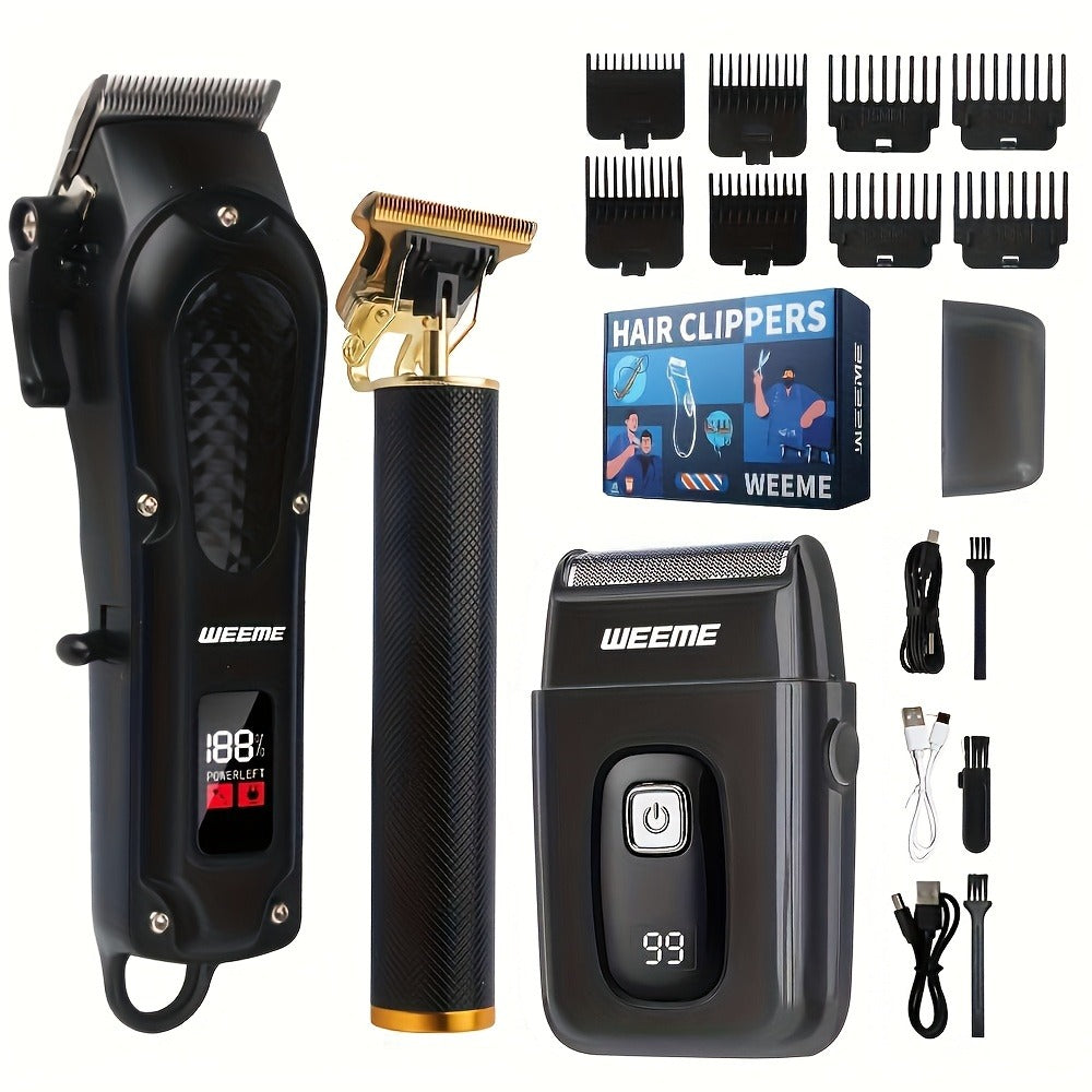 WEEME 1pc/3pcs Men'S Hair Clipper, Golden Hair Clippers LCD Display, USB Rechargeable, Guide Combs, Trimmer And Shaver, With Cleaning Brushes, Gift For Men