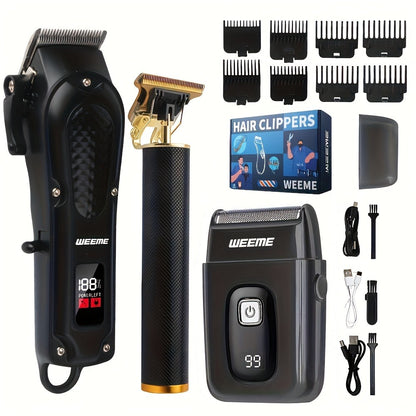 Hair Clipper Set for Men - USB Rechargeable Cordless Trimmer with LCD Display, Guide Combs & Cleaning Brushes, Professional Home Haircut Kit
