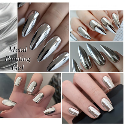 Nail Art Painting Gel Metal Effect 0.24oz with Brush Soak Off UV LED Mirror Metallic Silver Line Drawing Gel Polish for Flower Nail Art DIY Home Salon Manicure