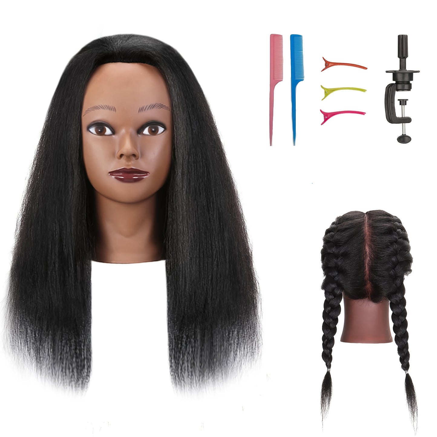 Mannequin Head with Hair 18 Inch — Cosmetology Training Practice Doll Head for Hair Styling, Cutting, Braiding, Clamp Holder, Comb & Clip Practice