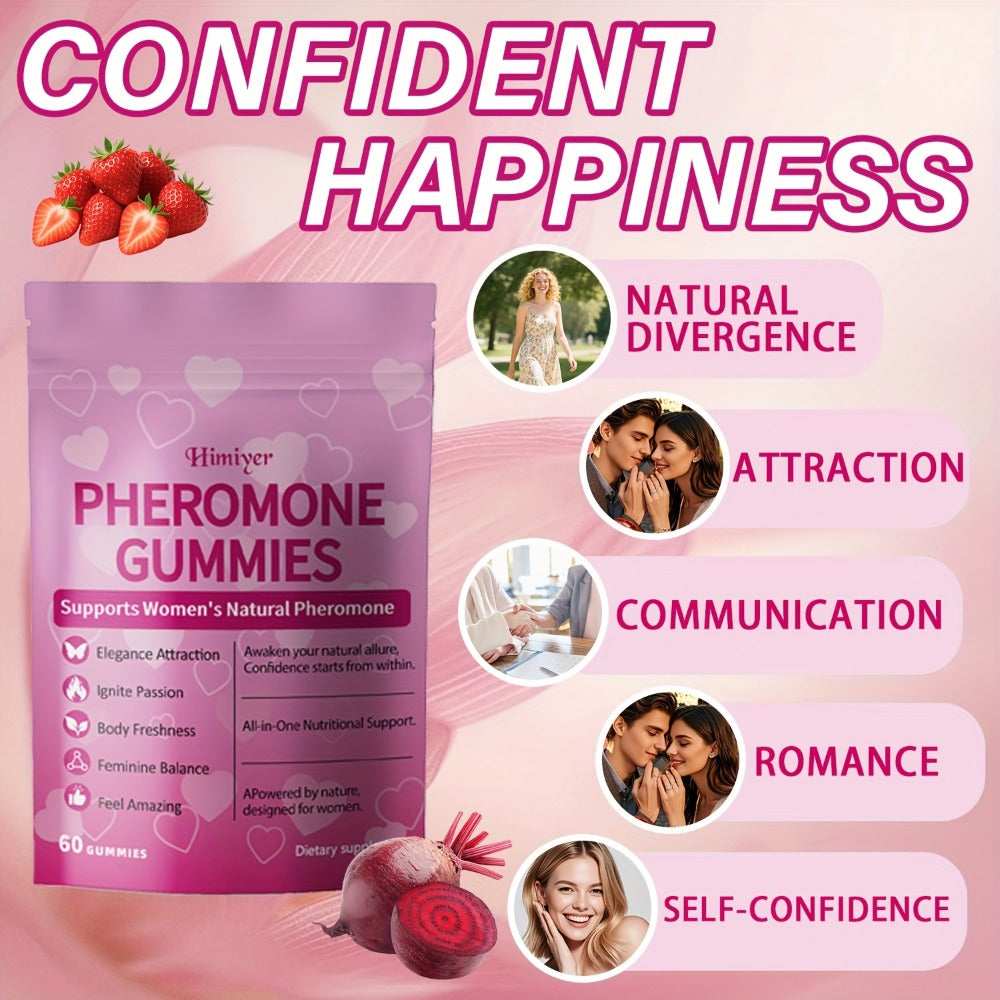Women's Pheromone Gummies - Natural Attraction & Confidence Booster with L-Arginine, Maca, Beetroot & Pheromone-Enhancing Herbs - 30-Day Supply (30 Gummy Vitamins) - Gluten-Free Strawberry Flavor for Body Freshness & Feminine Balance