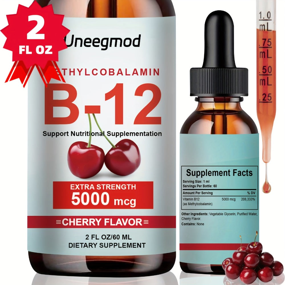 Uneegmod Vitamin B12 Liquid Drops 5000 Micrograms Cherry Flavor Sublingual B12 Drops Methylcobalamin Liquid Supplement Suitable for Both Men And Women 2 Fluid Ounces