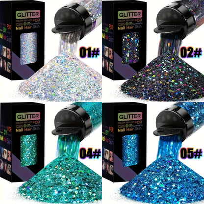 Chunky Glitter Set 4 Boxes 200g — Holographic Laser Diamond Metallic Flakes for Epoxy Resin, Tumblers, Scrapbooking, Crafts & Festive Decorations, Mixed Colors