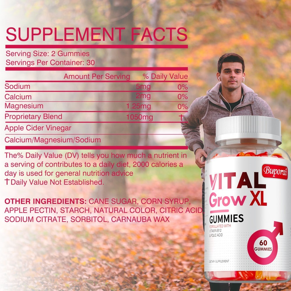 Vital Grow XL Gummies - with Sodium, Calcium, Magnesium - Supports Male Health, Muscle Health, Energy Support - 60pcs