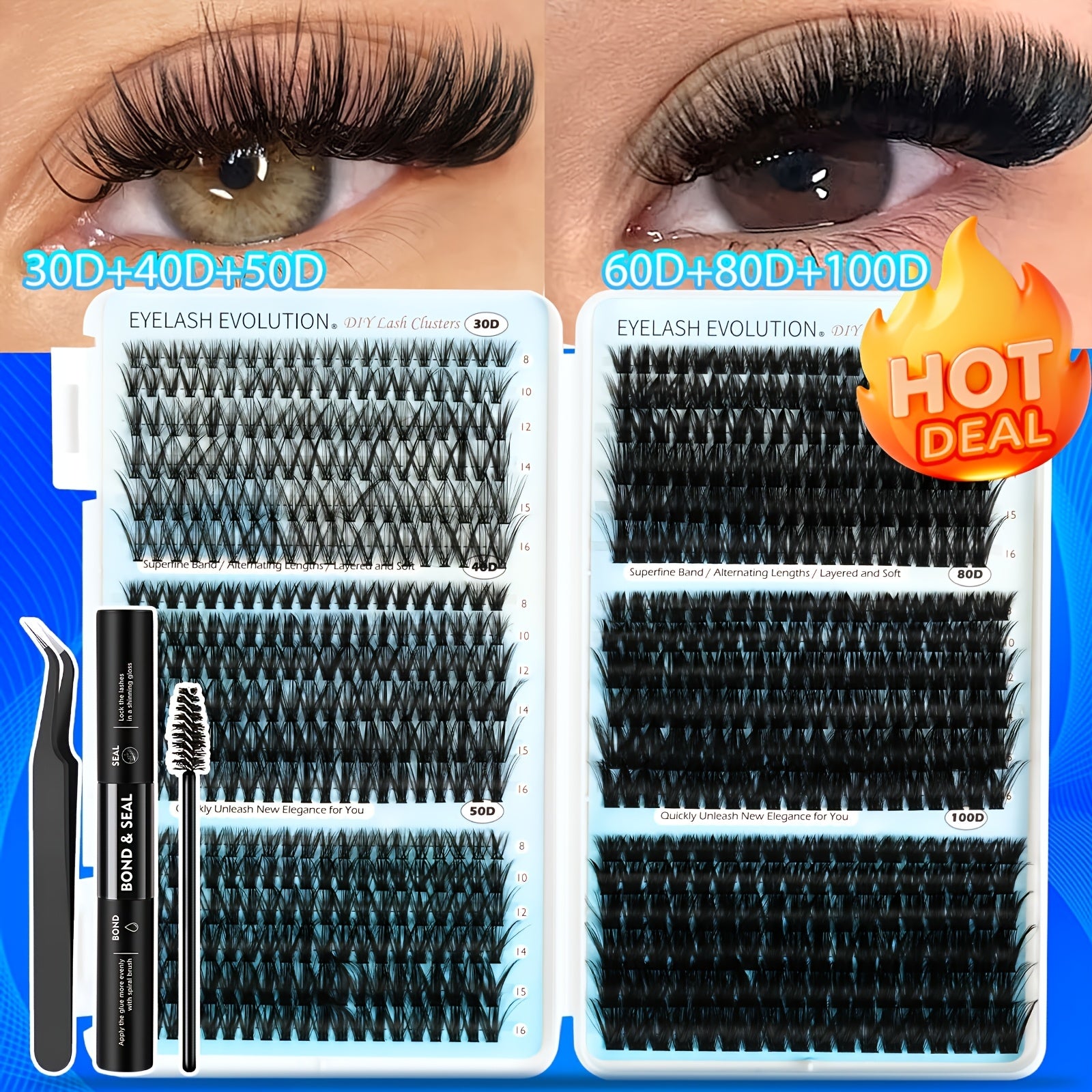 Lash Clusters Kit 720pcs Clusters Lash Extension Kit 30D-100D Eyelash Extensions Kits C Curl Individual Wispy Lashes Cluster Natural Eye Lash Trays With Glue&Tweezers For Beginners