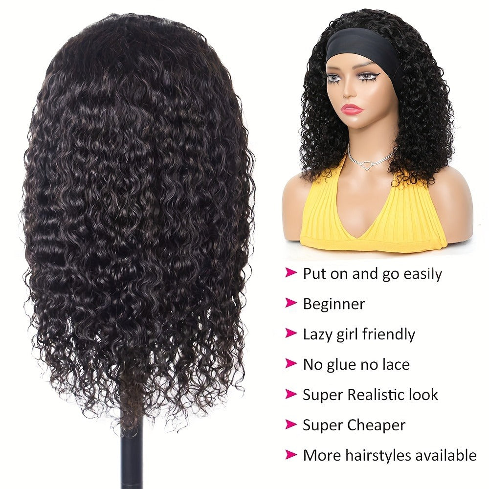 Kinky Curly Headband Wig Human Hair 180% Density — Brazilian Glueless No Lace, Full Machine Made Wig for Women, Natural Color, 14–20 Inch