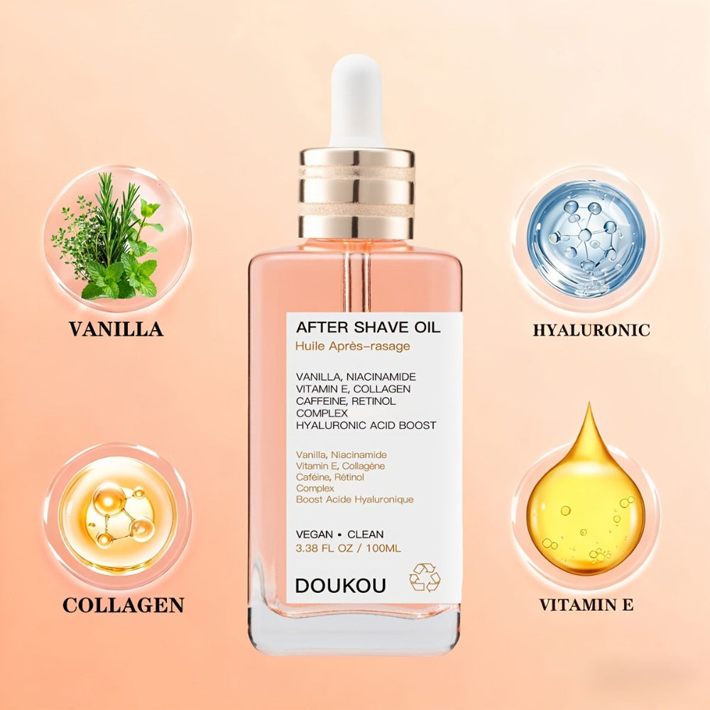 Vanilla Aftershave Oil Enriched with Essential Oils, Featuring Vanilla, Collagen, Vitamin E, Caffeine, Retinol, And Niacinamide. It Provides Hydration, Prevents Ingrown Hairs for a Smooth End, And Is Suitable for Hair And Skin Care, Massage