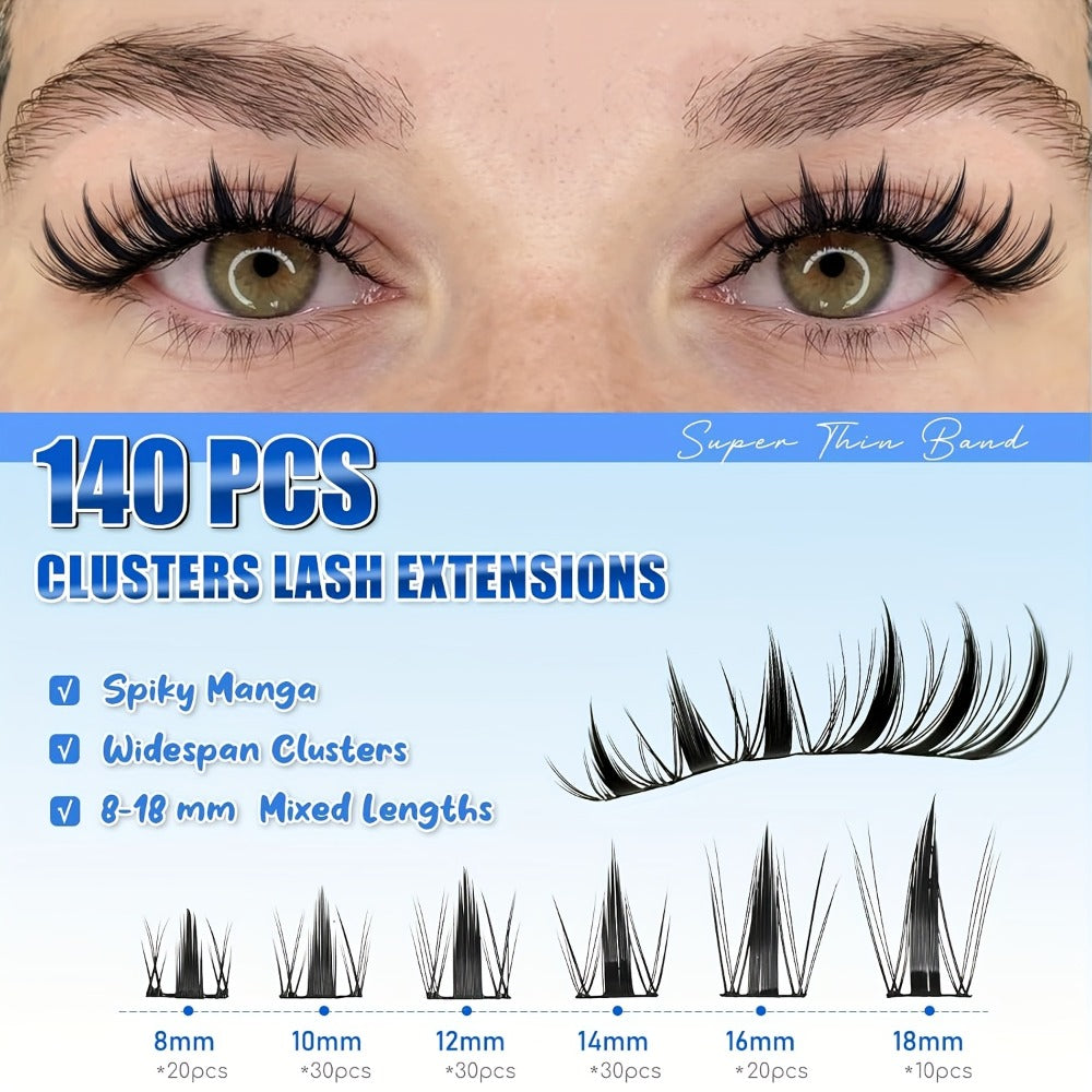 Fairy Lash Clusters Kit 8mm-18mm Manga C Curl Anime Eyelash Extension Kit Individual Spike Lashes DIY Volume Natural with Spikes Wet-Look Spiky