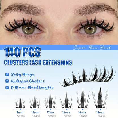 Spike Lash Clusters Kit 8mm-18mm C Curl Anime Fairy Manga Style Individual Spiky Lash Extensions DIY Volume Wet-Look Spiky Natural Lashes with Adhesive Glue