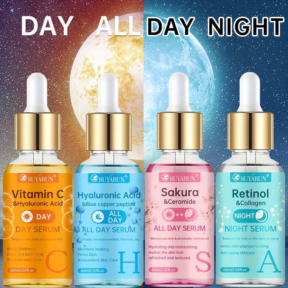 SUYARUN 4pcs Day And Night Vitamin C Retinol Hyaluronic Acid Cherry Blossom Ceramide Serum Set, with Collagen Aloe And Niacinamide, Brightens Light Beige, Firms Skin, Deeply Hydrates And Evens Light Beige. Unisex. Nourishing And Moisturizing