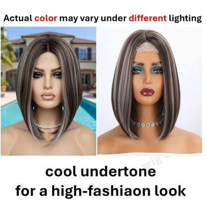 Bob Wig 4x1 U Part Lace Front Rose Net Cap - Middle Part Glueless Wig for Women Brown Highlights Milky White Black Pink 14 Inch