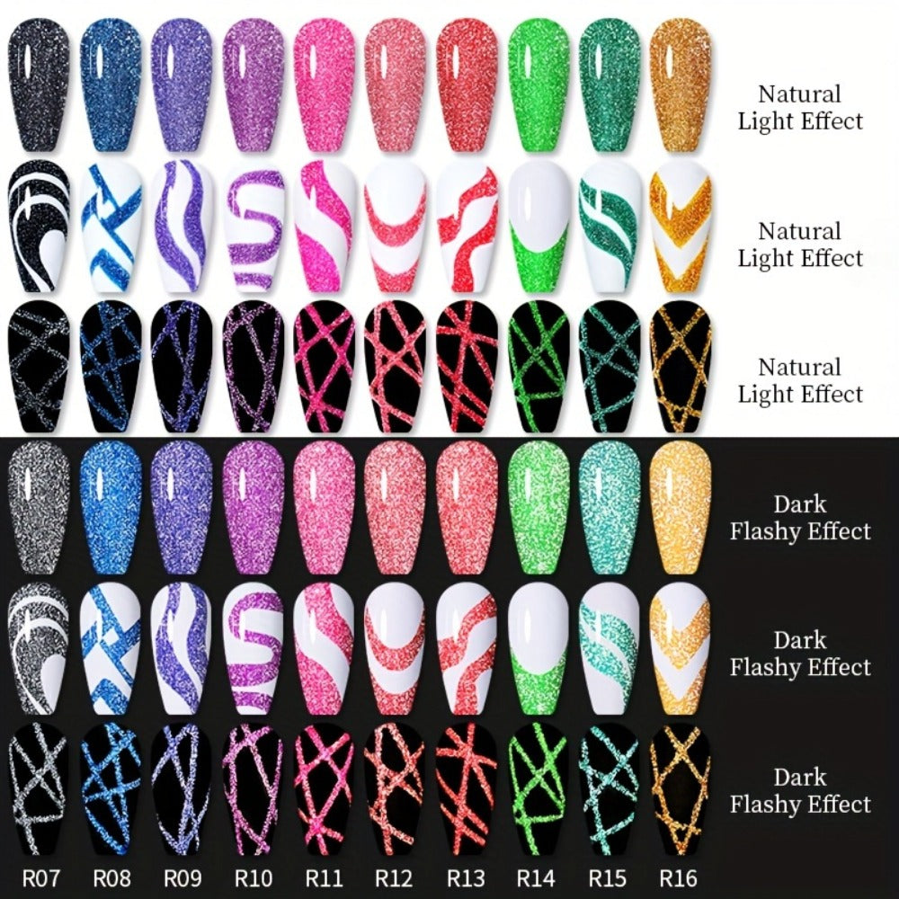 LILYCUTE 9pcs/Set Reflective Glitter Line Gel Nail Polish - Summer Bright Sparkling Gorgeous Color for Manicure, Pull Line Graffiti Painting Stripe Gel Nail Art LED Gel Varnish, Gel Nail Polis, Diy Manicure, Beauty Lovers, Salon Professionals
