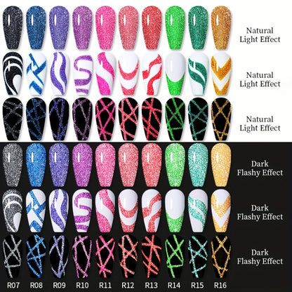 Reflective Glitter Line Gel Nail Polish 9pcs Set LED Cure Stripe Liner Nail Art Gel - Pull Line Graffiti Sparkling Manicure Kit for Salon & DIY 5ml Each